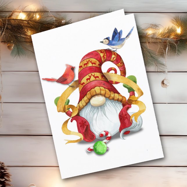 Funny Ribbon Gnome with Birds Folded Christmas Holiday Card (Creator Uploaded)