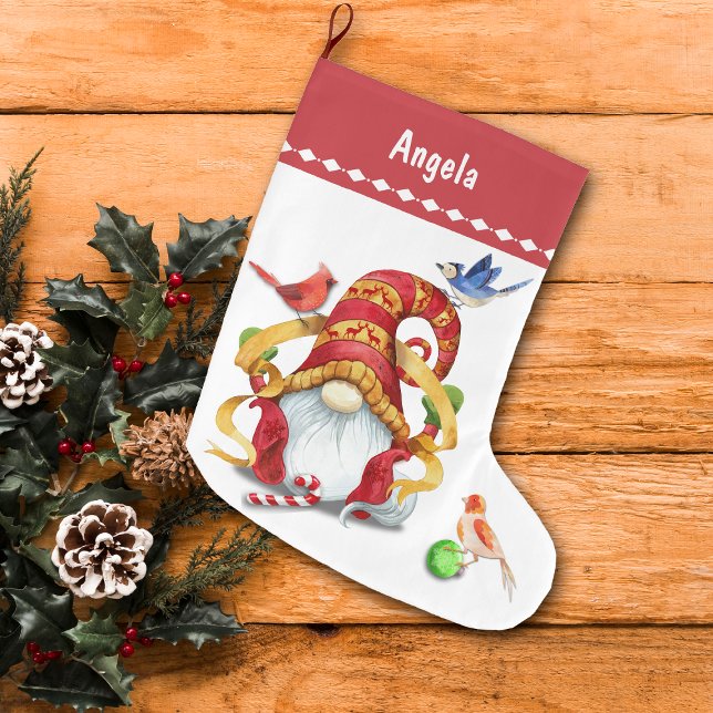 Funny Ribbon Gnome with Birds Personalised Large Christmas Stocking (Creator Uploaded)