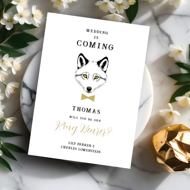 Funny Ring Bearer Gold Bow Tie Wedding Proposal (Ring Bearer Proposal Card with Faux Gold Bow Tie Featuring Wedding)