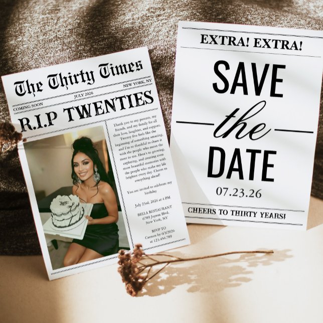 Funny RIP Twenties Newspaper 30th Birthday Invitation (Creator Uploaded)