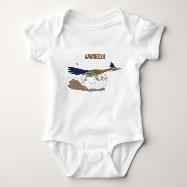 Funny roadrunner bird cartoon illustration baby bodysuit (Front)