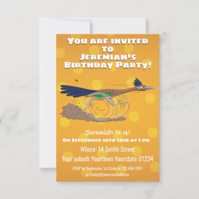 Funny roadrunner bird cartoon illustration invitation (Front)