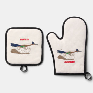 Funny roadrunner bird cartoon illustration oven mitt & pot holder set