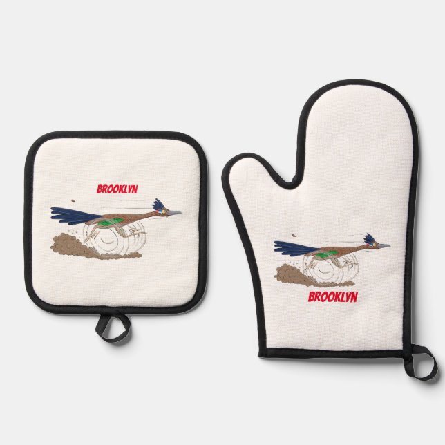 Funny roadrunner bird cartoon illustration oven mitt & pot holder set (Front)