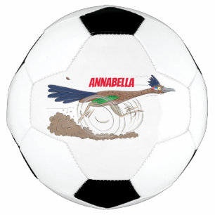 Funny roadrunner bird cartoon illustration soccer ball