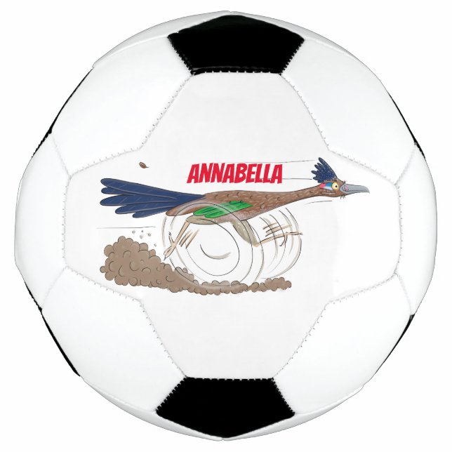 Funny roadrunner bird cartoon illustration soccer ball (Front)