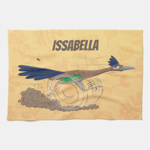 Funny roadrunner bird cartoon illustration tea towel