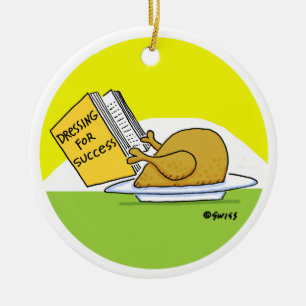 Funny Roast Turkey Cartoon with Greeting on Back Ceramic Tree Decoration