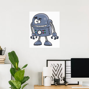Funny Robot Character Cute Blue Retro Poster