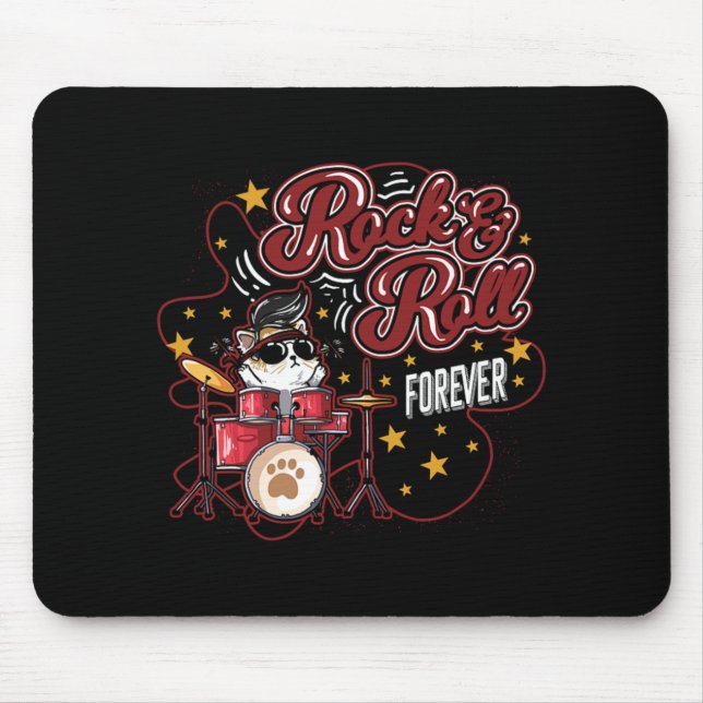 Funny Rock n Roll Forever Cool Drummer Cat Mouse Pad (Front)