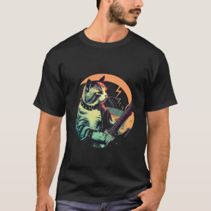 Funny Rocker Cat Playing Electric Guitar Retro T-Shirt