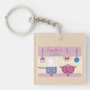 Funny Romantic Kitchen Scene with Cooking Utensils Key Ring