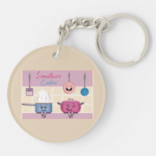 Funny Romantic Kitchen Scene with Cooking Utensils Key Ring