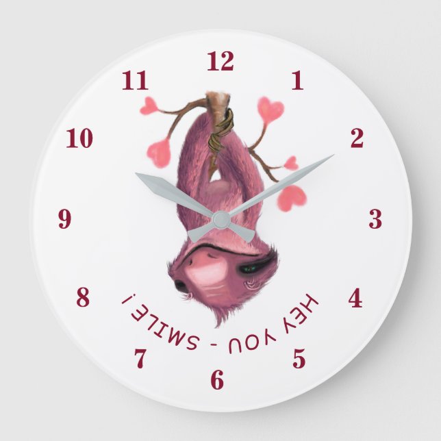 Funny Romantic Sloth Smile Cartoon Animal Drawing  Large Clock (Front)