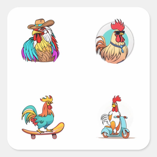 Funny Rooster Cartoon Character 4 Pack Stickers (Front)