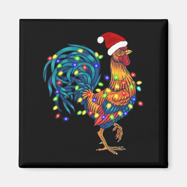 Funny Rooster Chicken Christmas Lights Pajama Farm Magnet (Front)