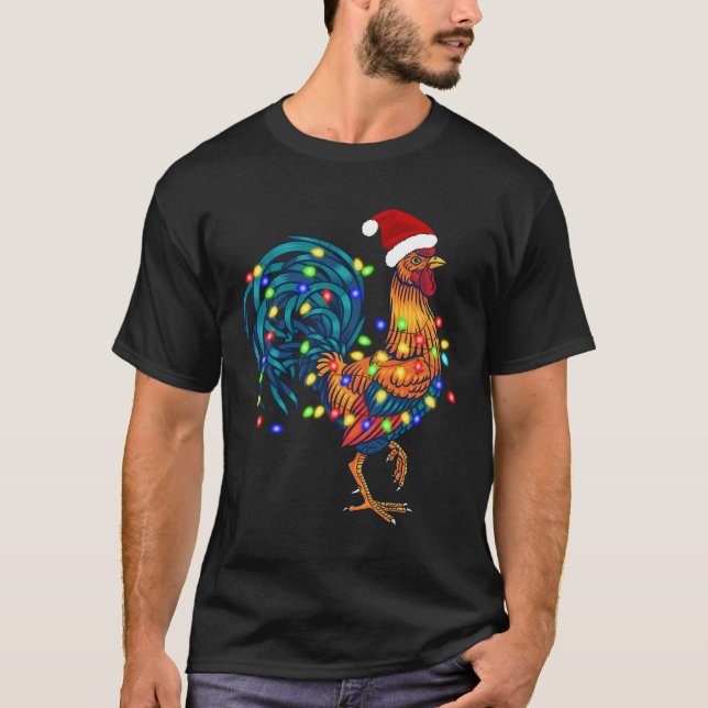Funny Rooster Chicken Christmas Lights Pajama Farm T-Shirt (Front)
