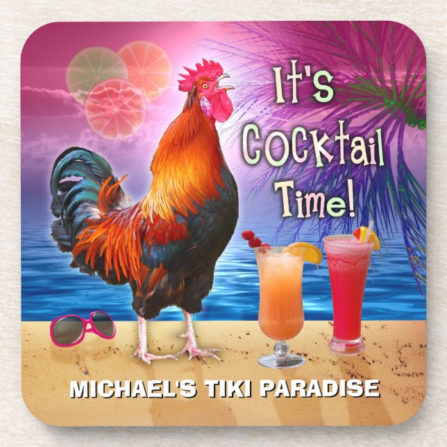 Funny Rooster Chicken Cocktail Tropical Beach Name Coaster (Front)
