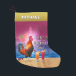 Funny Rooster Chicken Cocktail Tropical Beach Name Small Christmas Stocking<br><div class="desc">The chicken in this humourous design knows what time it is - it's time to drink, of course, because it's COCKtail time! This silly tropical art is perfect for anyone who loves the sea and chickens and margaritas and paradise and endless summer. It shows a rooster crowing with a couple...</div>