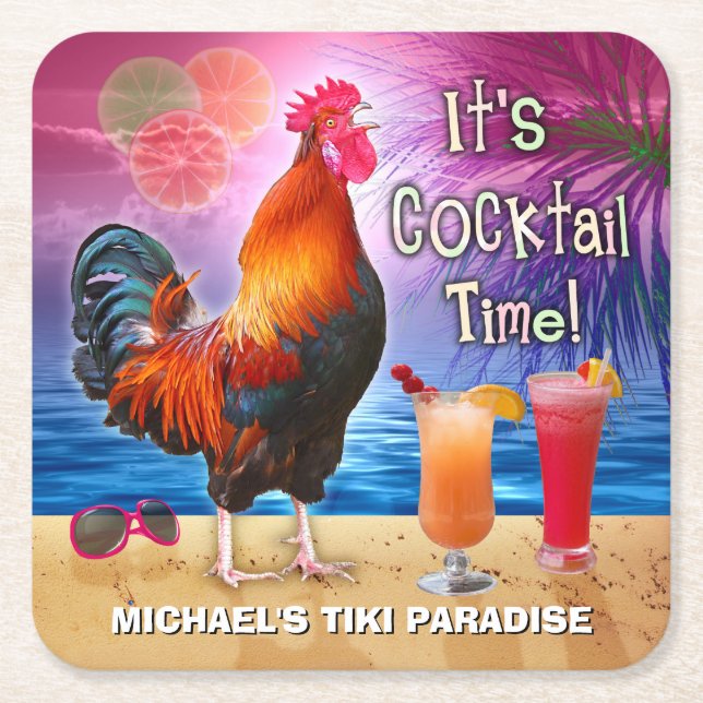 Funny Rooster Chicken Cocktail Tropical Beach Name Square Paper Coaster (Front)