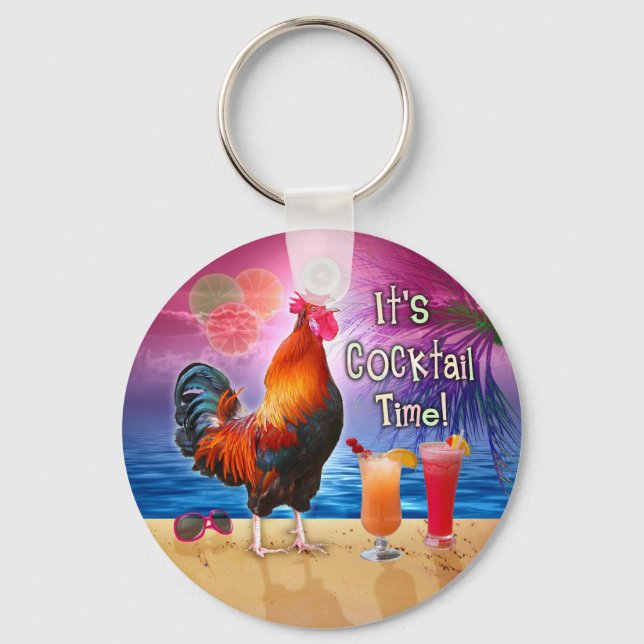 Funny Rooster Chicken Cocktails Tropical Beach Sea Key Ring (Front)