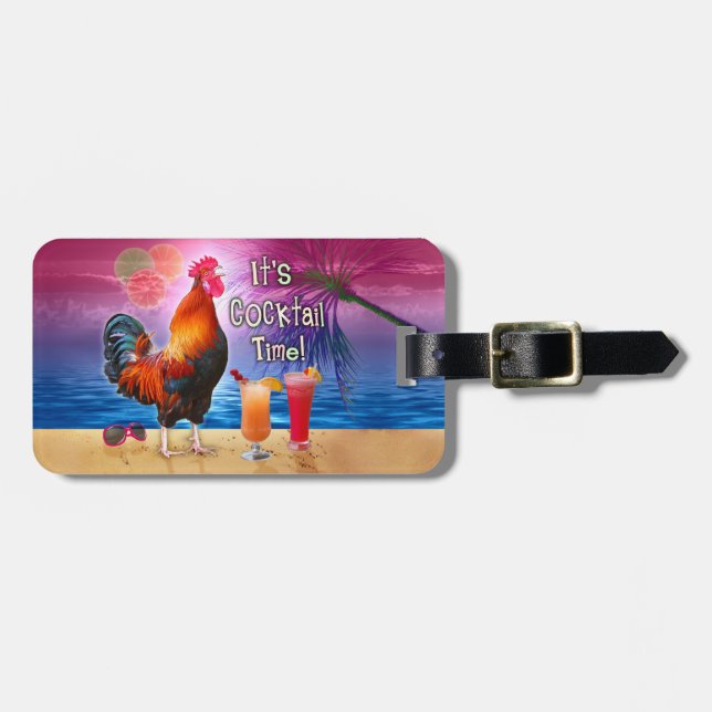 Funny Rooster Chicken Cocktails Tropical Beach Sea Luggage Tag (Front Horizontal)