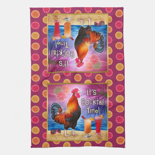 Funny Rooster Chicken Cocktails Tropical Beach Sea Tea Towel (Vertical)