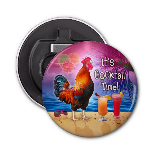 Funny Rooster Chicken Drinking Tropical Beach Sea Bottle Opener (Front)