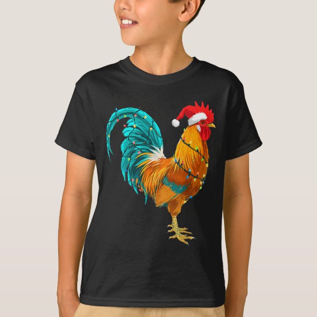 Funny Rooster Chicken Santa Christmas Lights Farme T-Shirt (Front)