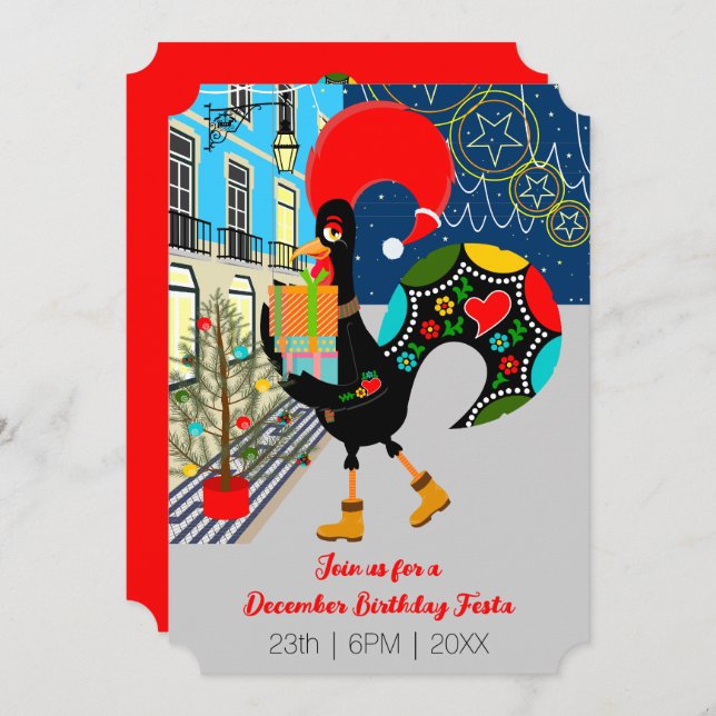 Funny Rooster, Christmas lighs, Birthday Party Invitation (Front/Back)