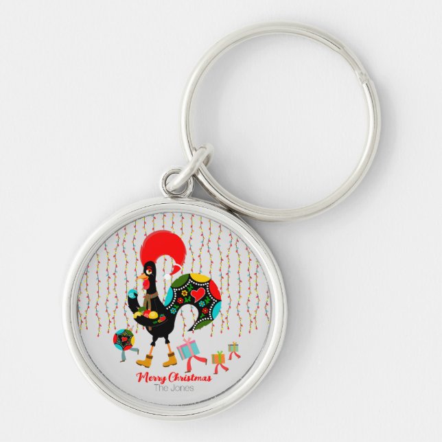 Funny Rooster, Christmas lighs, gifts and baubles Key Ring (Front)