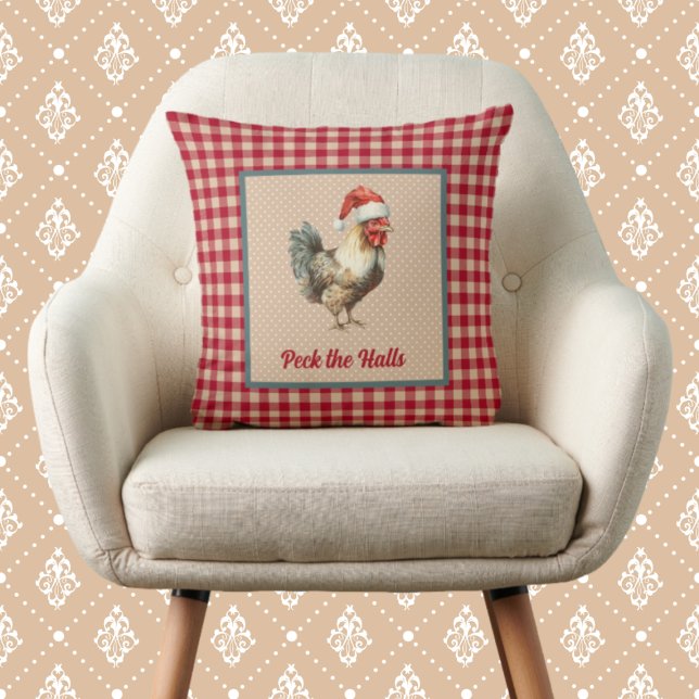 Funny Rooster Peck the Halls Farmhouse Christmas Cushion (Creator Uploaded)