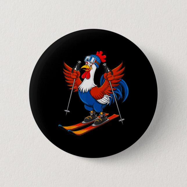 Funny Rooster Skiing Adventure Cartoon  6 Cm Round Badge (Front)