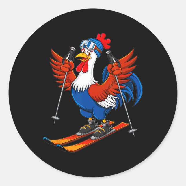 Funny Rooster Skiing Adventure Cartoon  Classic Round Sticker (Front)