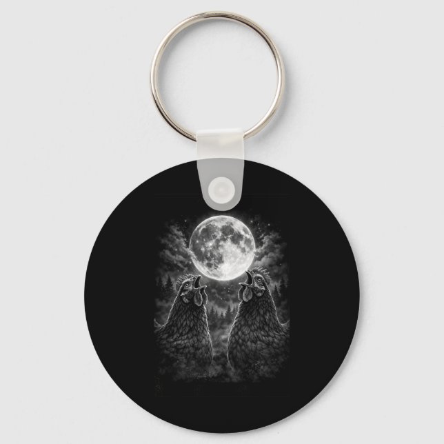 Funny Roosters Crowing At The Moon Celestial Chick Key Ring (Front)