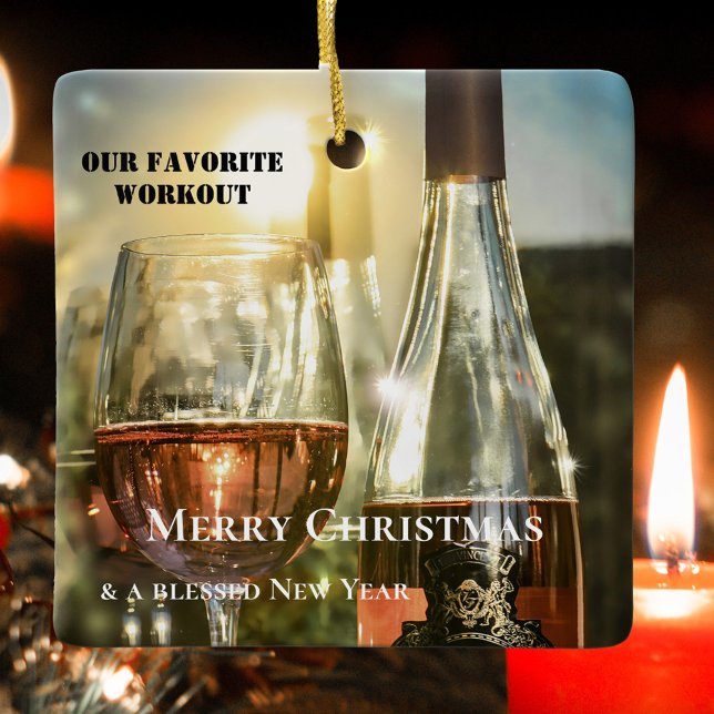 Funny Rosé Wine Workout Personalised Ceramic Ornament (Ornament featuring a pretty sunny scene with rosé wine and sparkling lights.)