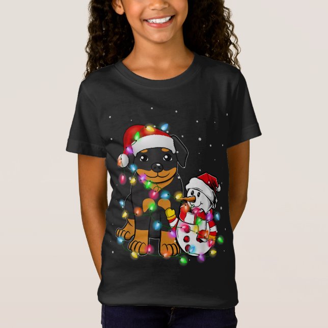 Funny Rottweiler Dog Christmas Snowman Lights Paja T-Shirt (Front)