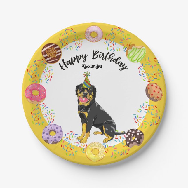 Funny Rottweiler Dog Doughnuts Birthday Party Paper Plate (Front)