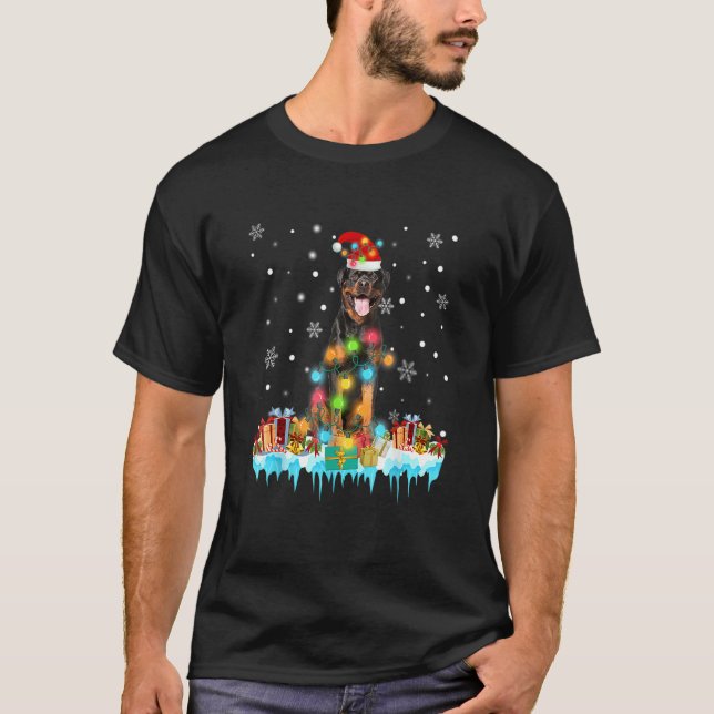 Funny Rottweiler Dog Tree Christmas Lights Xmas Pa T-Shirt (Front)