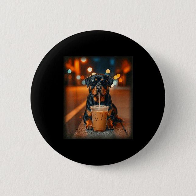 Funny rottweiler drinking iced coffee lover dog 6 cm round badge (Front)