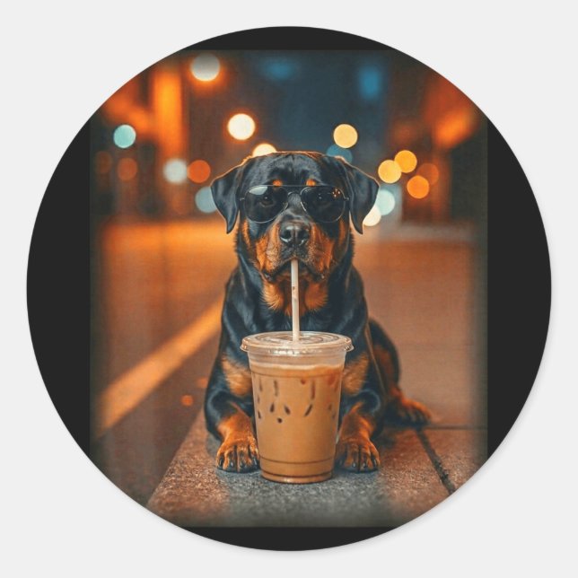Funny rottweiler drinking iced coffee lover dog classic round sticker (Front)