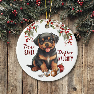 Funny Rottweiler Pup Define Naughty Christmas Ceramic Tree Decoration