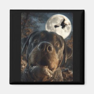 Funny Rottweiler Selfie Full Moon Flying Witch Magnet