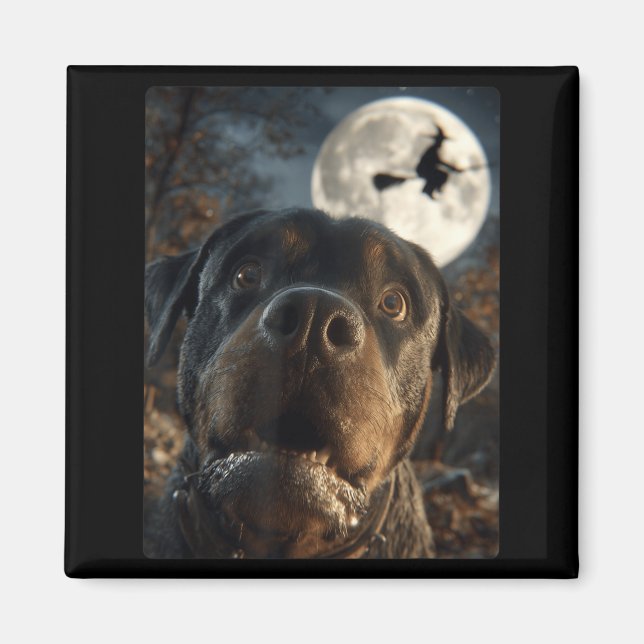 Funny Rottweiler Selfie Full Moon Flying Witch Magnet (Front)