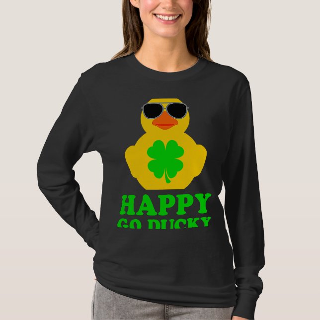 Funny Rubber Duck Four Leaf Clover Sunglasses Happ T-Shirt (Front)