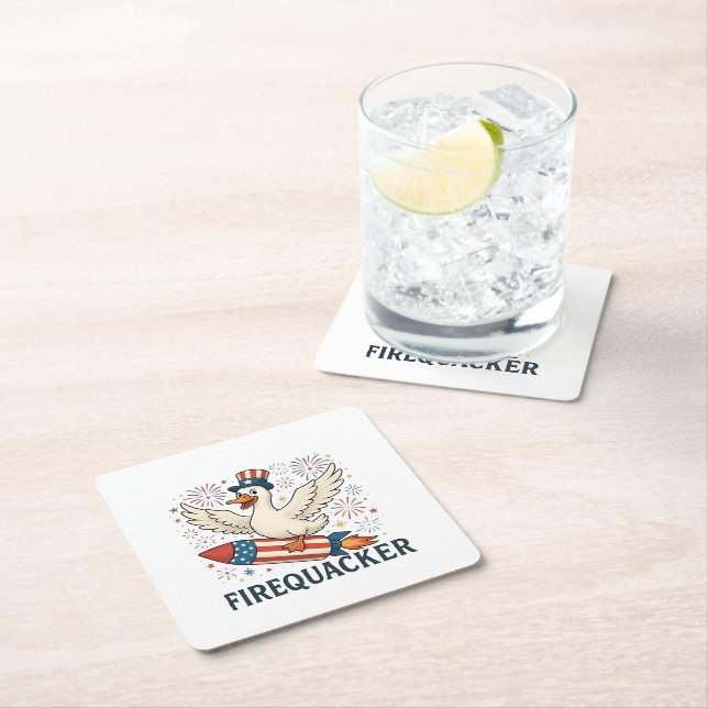 Funny Rubber Duck USA Patriotic Firequacker 4th Square Paper Coaster (Insitu)