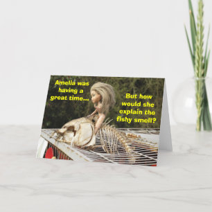 Funny & Rude Doll Riding A Dead Carp Fish, Card. Card