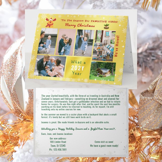 Funny Rudolph 6 Photos Collage We've Moved Golden Holiday Card (Funny Rudolph Christmas card, pawsitive humor. 6 Photos. We've moved letter. Elegant, golden. Snow)