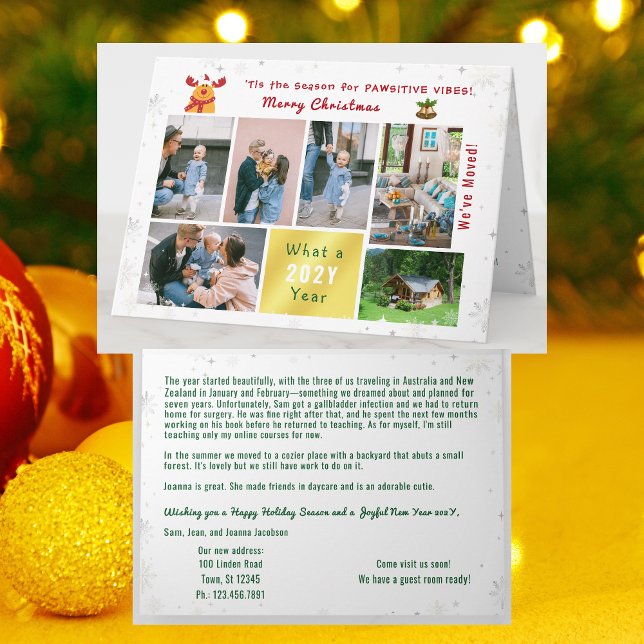 Funny Rudolph 7 Photos Collage We've Moved Cute Holiday Card (Funny Rudolph Christmas card, pawsitive humor. 6 Photos. We've moved letter. Elegant, modern. Snow)