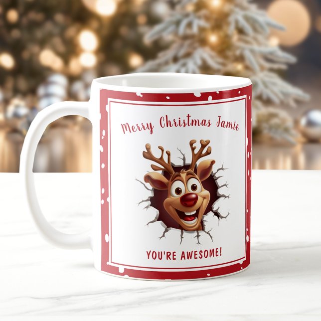 Funny Rudolph breaking through Red Name Christmas Coffee Mug (Funny Rudolph breaking through Red Name Christmas Coffee Mug)